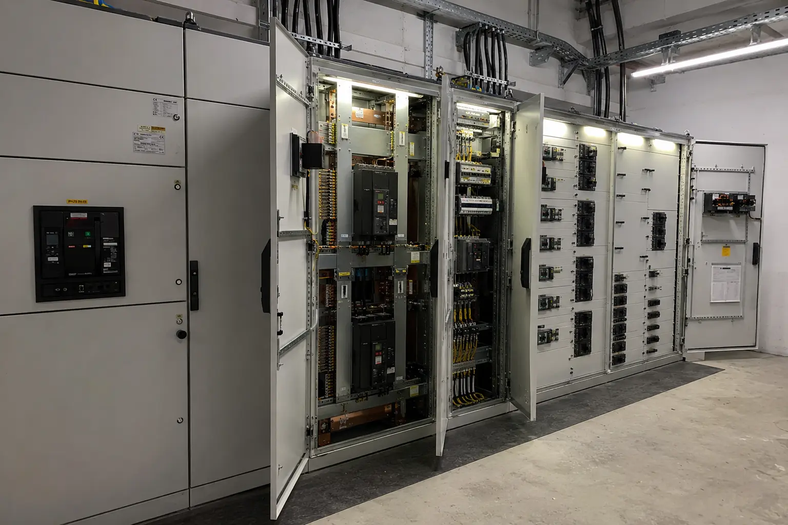 Offener Schaltschrank mit sauber verdratetem Innenleben einer Industrieanlage in Berlin