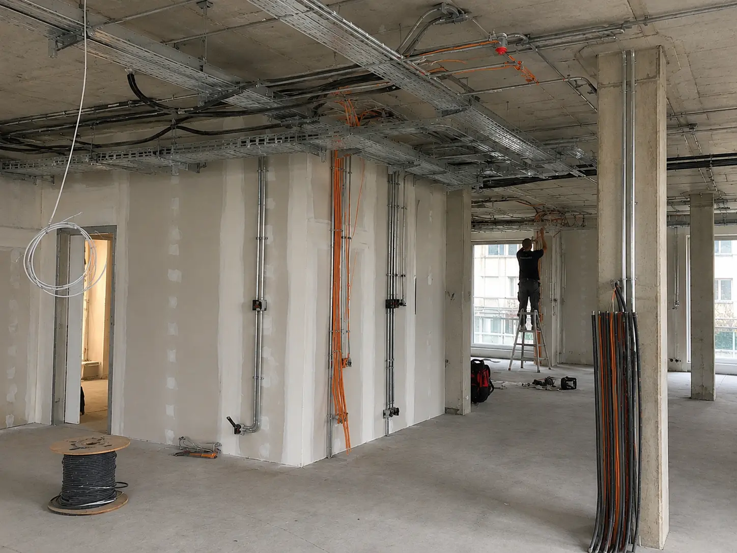 Elektriker verlegt Kabelkanal und Leitungen im Rohbau eines Gebäudes in Berlin