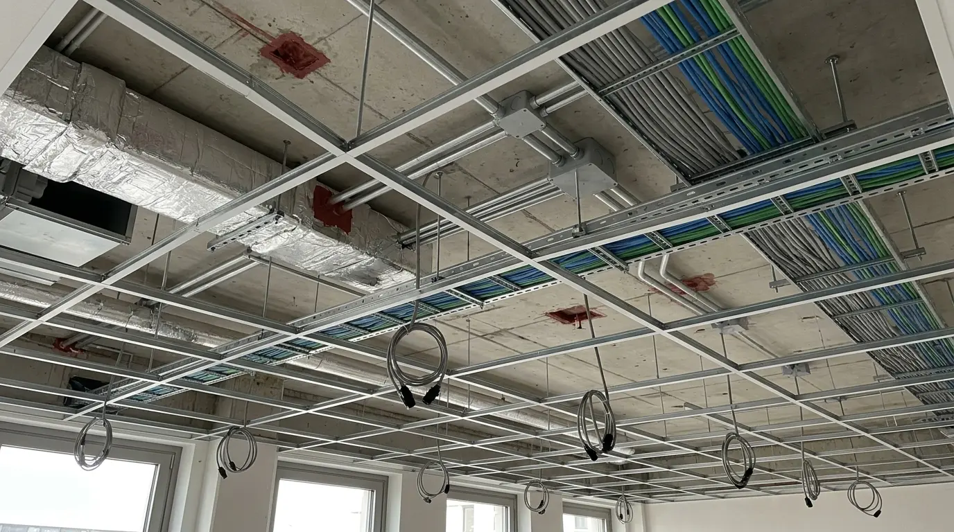 Sauber verlegte Kabelkanäle und Elektroleitungen an der Decke eines Rohbaus in Berlin